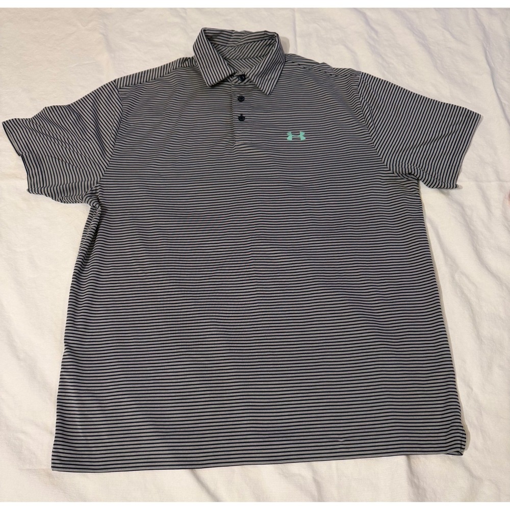 Under Armour HeatGear Polo Shirt Men's XL Gray Navy Striped Golf Loose Fit